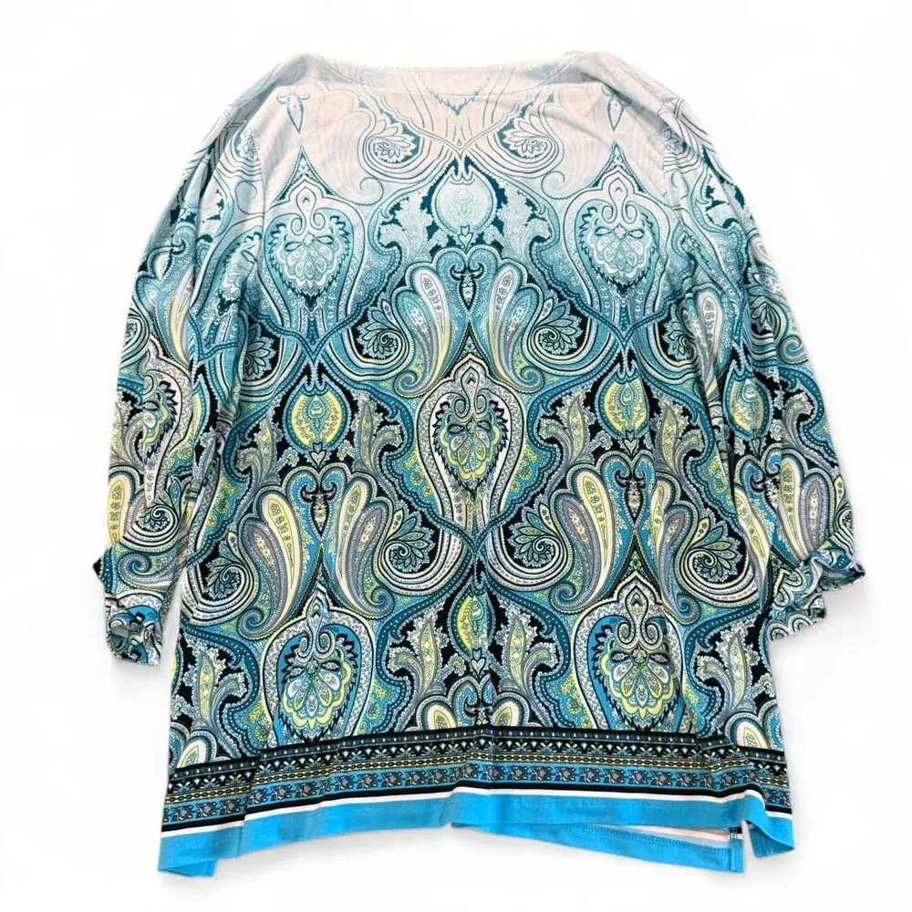JM Collection Woman 2X Blue Paisley Tunic Top Embellished V-Neck 3/4 Sleeve